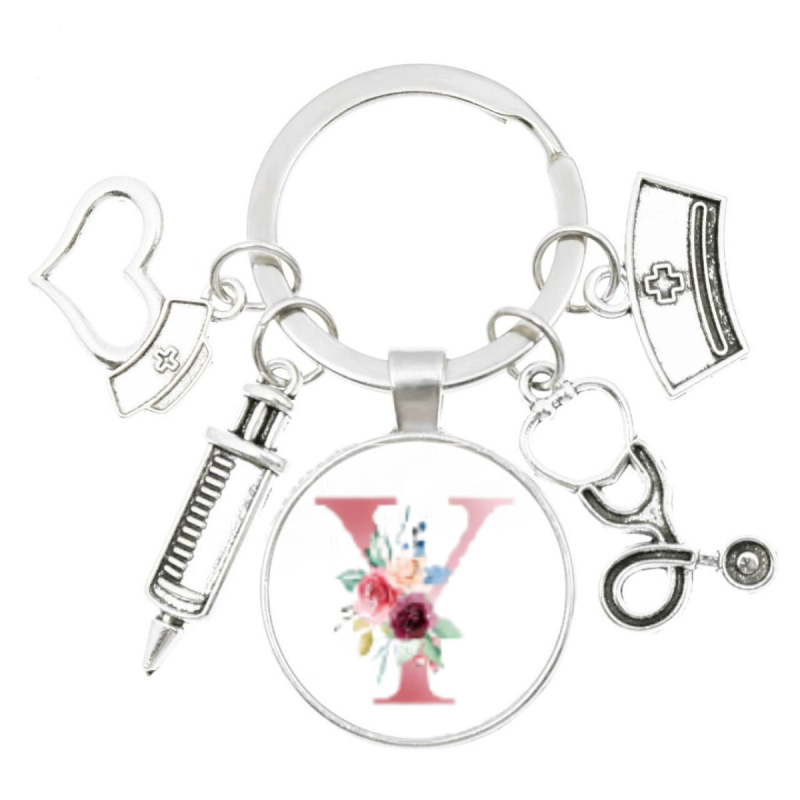Slaugytojos stetoskopo švirkštas, angliški inicialai nuo A iki Z, raktų pakabukas - medicininis aukso spalvos, skirtas krepšiui ar kuprinei
