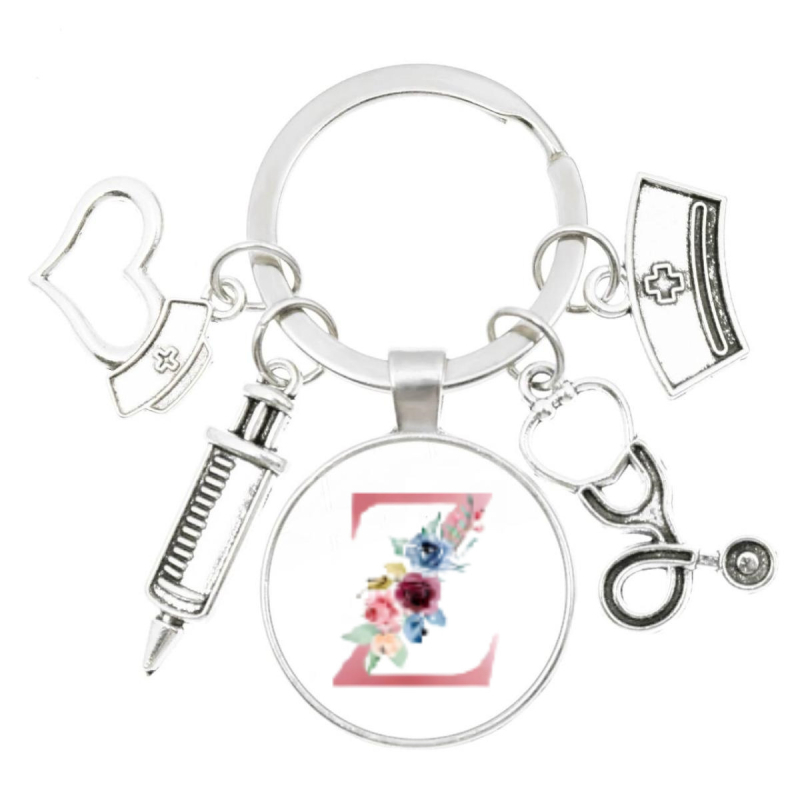 Slaugytojos stetoskopo švirkštas, angliški inicialai nuo A iki Z, raktų pakabukas - medicininis aukso spalvos, skirtas krepšiui ar kuprinei