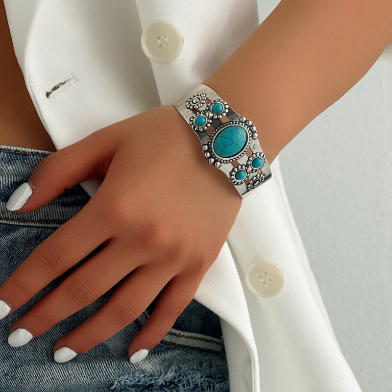 Νέο μποέμικο στυλ 2024, απλό μοντέρνο βραχιόλι από κράμα αλουμινίου με οβάλ μοτίβο, τιρκουάζ