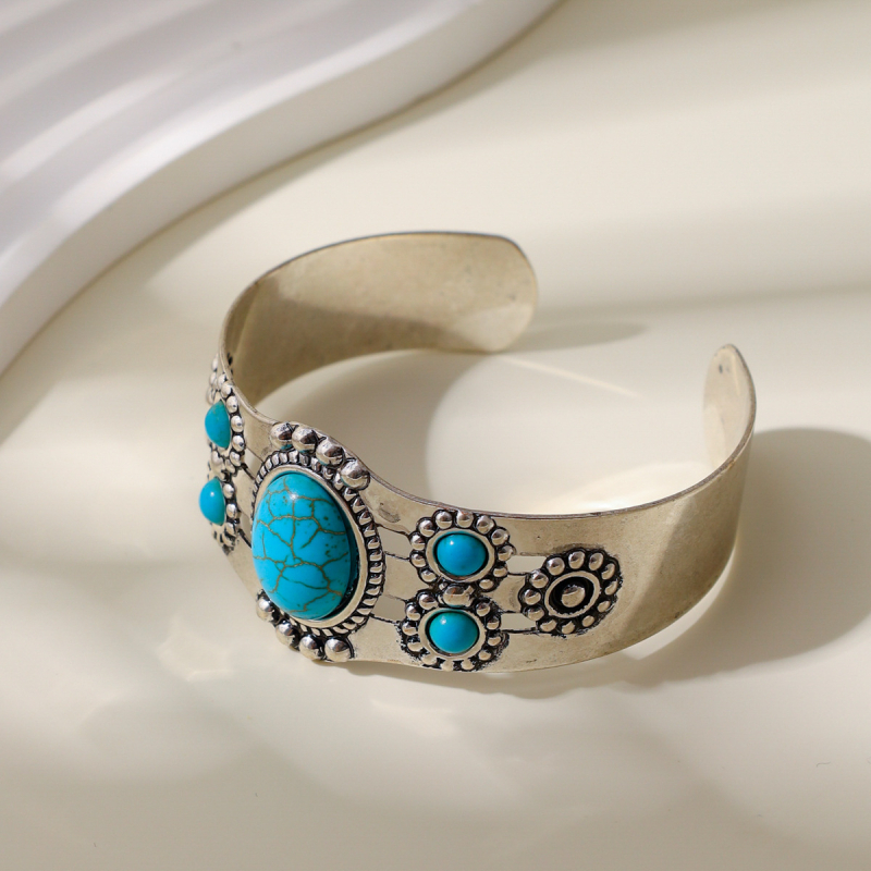 Νέο μποέμικο στυλ 2024, απλό μοντέρνο βραχιόλι από κράμα αλουμινίου με οβάλ μοτίβο, τιρκουάζ