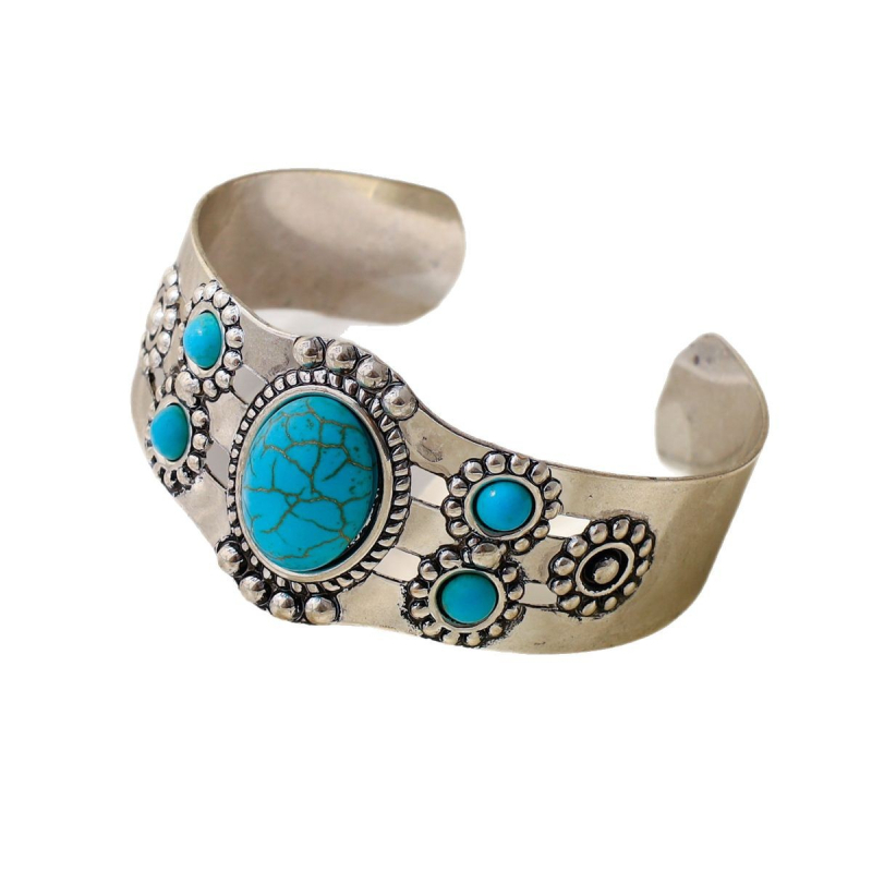 Νέο μποέμικο στυλ 2024, απλό μοντέρνο βραχιόλι από κράμα αλουμινίου με οβάλ μοτίβο, τιρκουάζ