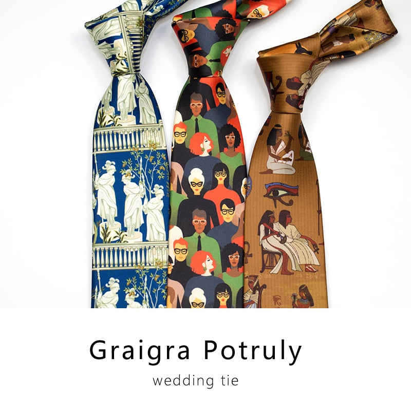 Portretinis kaklaraištis vyrams, šilko spauda, avataro statula, vintažinis Egiptas, europietiškas ir amerikietiškas, linksmas, rudas, mėlynas, kasdieniškas