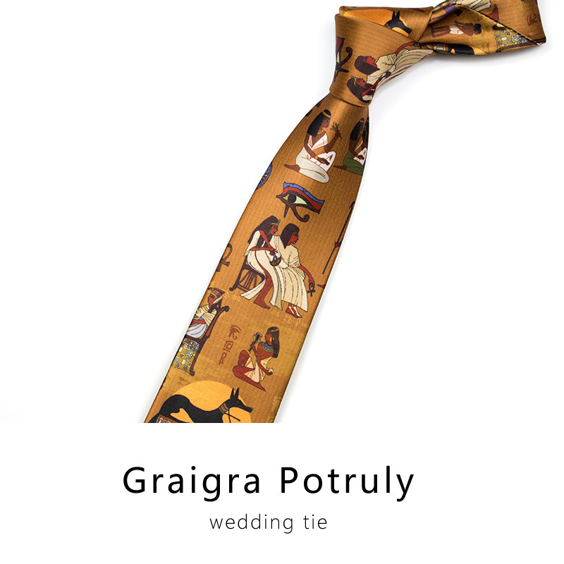 Portretinis kaklaraištis vyrams, šilko spauda, avataro statula, vintažinis Egiptas, europietiškas ir amerikietiškas, linksmas, rudas, mėlynas, kasdieniškas