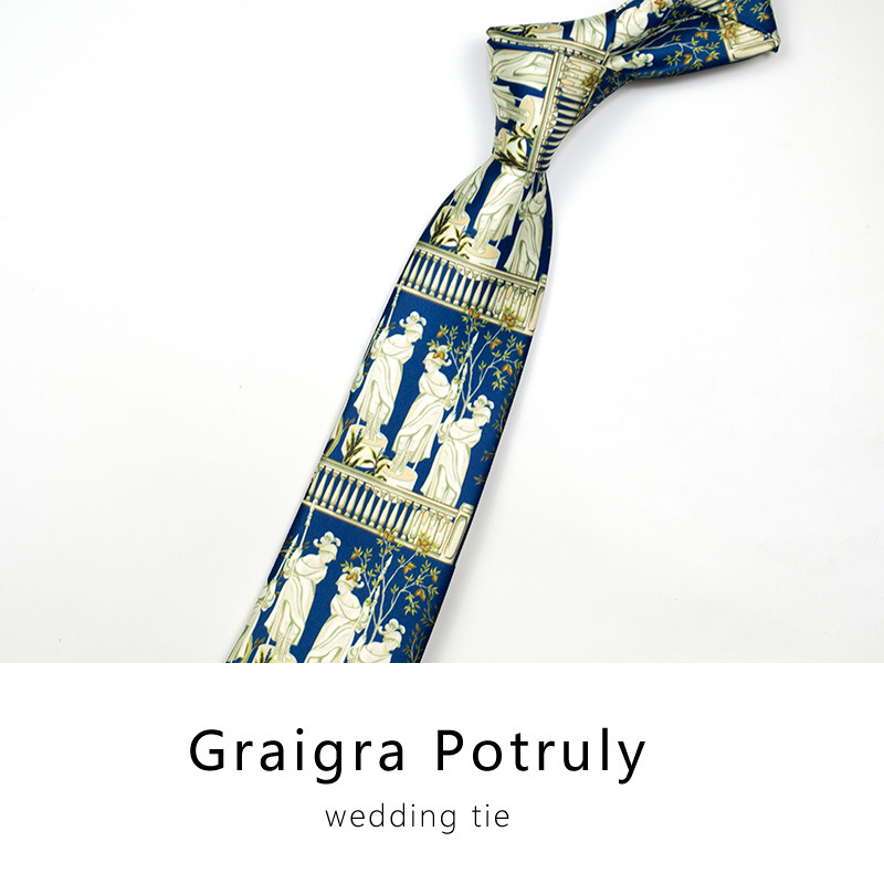 Portretinis kaklaraištis vyrams, šilko spauda, avataro statula, vintažinis Egiptas, europietiškas ir amerikietiškas, linksmas, rudas, mėlynas, kasdieniškas