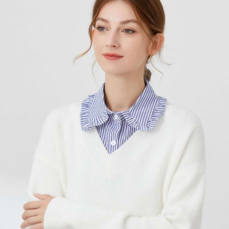 Dámska košeľa s modrými pruhmi a falošným golierom Ozón Blue Striped, jeseň a zima, s polovičným golierom a lotosovým listom