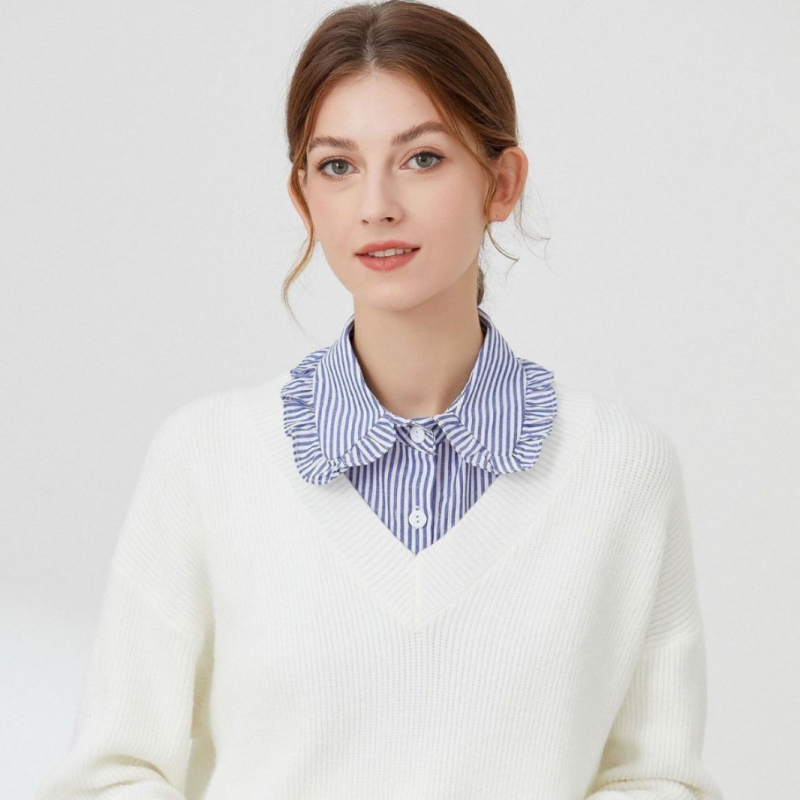 Dámska košeľa s modrými pruhmi a falošným golierom Ozón Blue Striped, jeseň a zima, s polovičným golierom a lotosovým listom