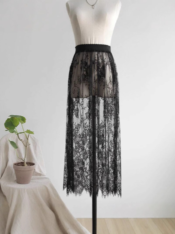 Ασπρόμαυρη φούστα με μία στρώση από δαντέλα Four Seasons, φούστα με δαντέλα και mesh, νέας σχεδίασης, φούστα με εξωτερική βάση, φούστα μεγάλου μεγέθους