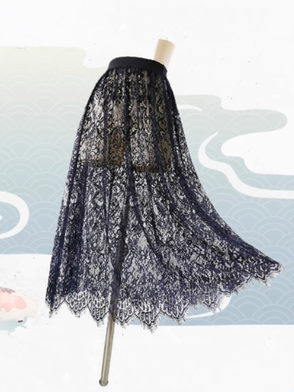 Juodai baltas „Four Seasons“ vieno sluoksnio nėriniuotas sijonas, naujo stiliaus nėriniuotas tinklelio sijonas, didelio dydžio sijonas