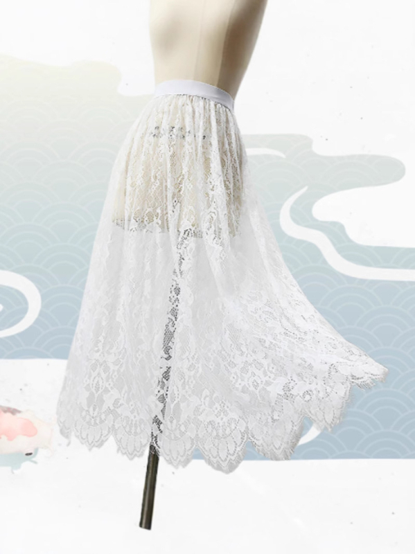 Juodai baltas „Four Seasons“ vieno sluoksnio nėriniuotas sijonas, naujo stiliaus nėriniuotas tinklelio sijonas, didelio dydžio sijonas