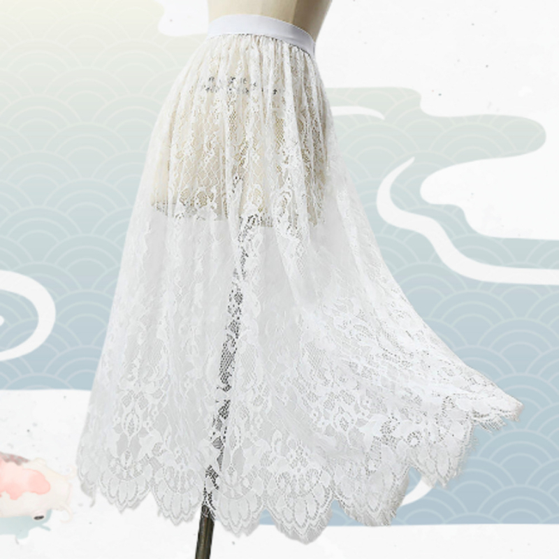 Juodai baltas „Four Seasons“ vieno sluoksnio nėriniuotas sijonas, naujo stiliaus nėriniuotas tinklelio sijonas, didelio dydžio sijonas