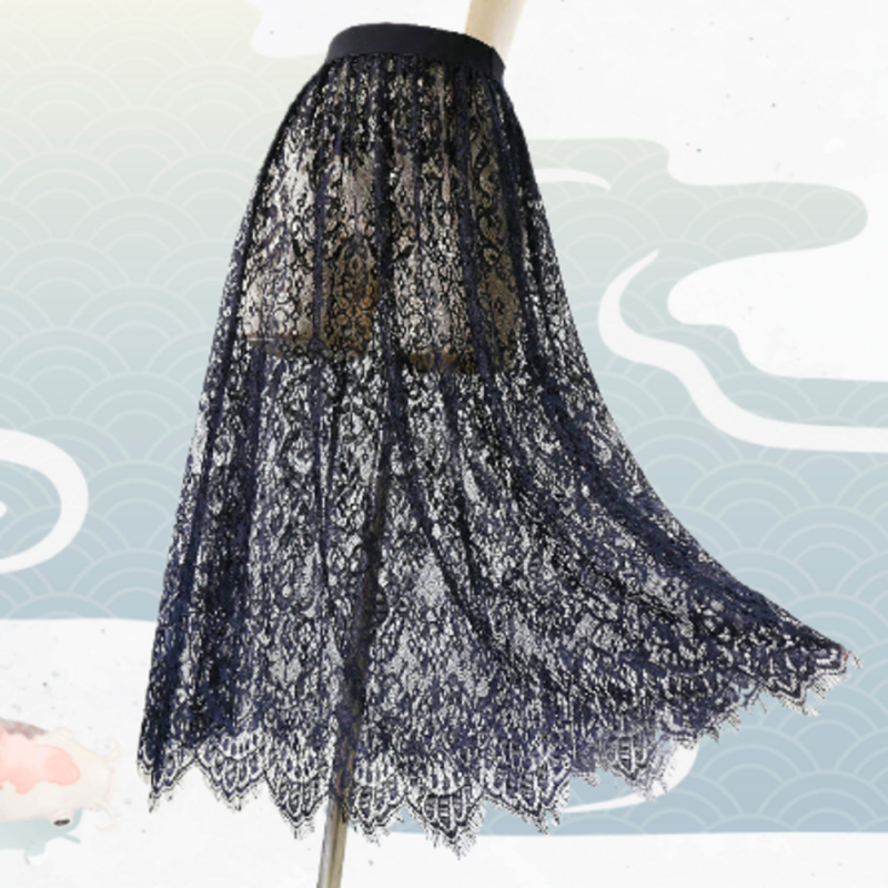 Juodai baltas „Four Seasons“ vieno sluoksnio nėriniuotas sijonas, naujo stiliaus nėriniuotas tinklelio sijonas, didelio dydžio sijonas