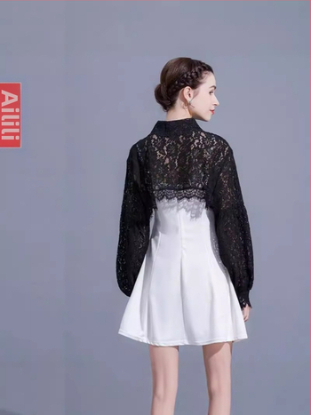 Francúzsky retro krátky top s dámskym dizajnom, zmysel pre výklenok, super rozprávkový lampáš s rukávom, odolný voči slnku, malý šál, letná čipka, tenký vonkajší