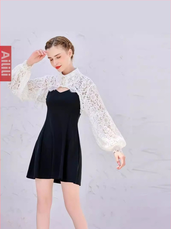 Francúzsky retro krátky top s dámskym dizajnom, zmysel pre výklenok, super rozprávkový lampáš s rukávom, odolný voči slnku, malý šál, letná čipka, tenký vonkajší