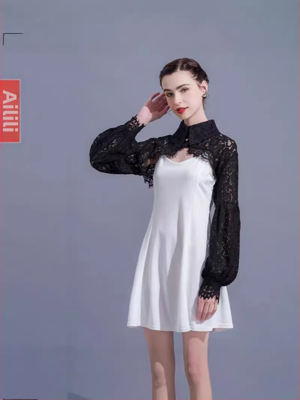 Francúzsky retro krátky top s dámskym dizajnom, zmysel pre výklenok, super rozprávkový lampáš s rukávom, odolný voči slnku, malý šál, letná čipka, tenký vonkajší