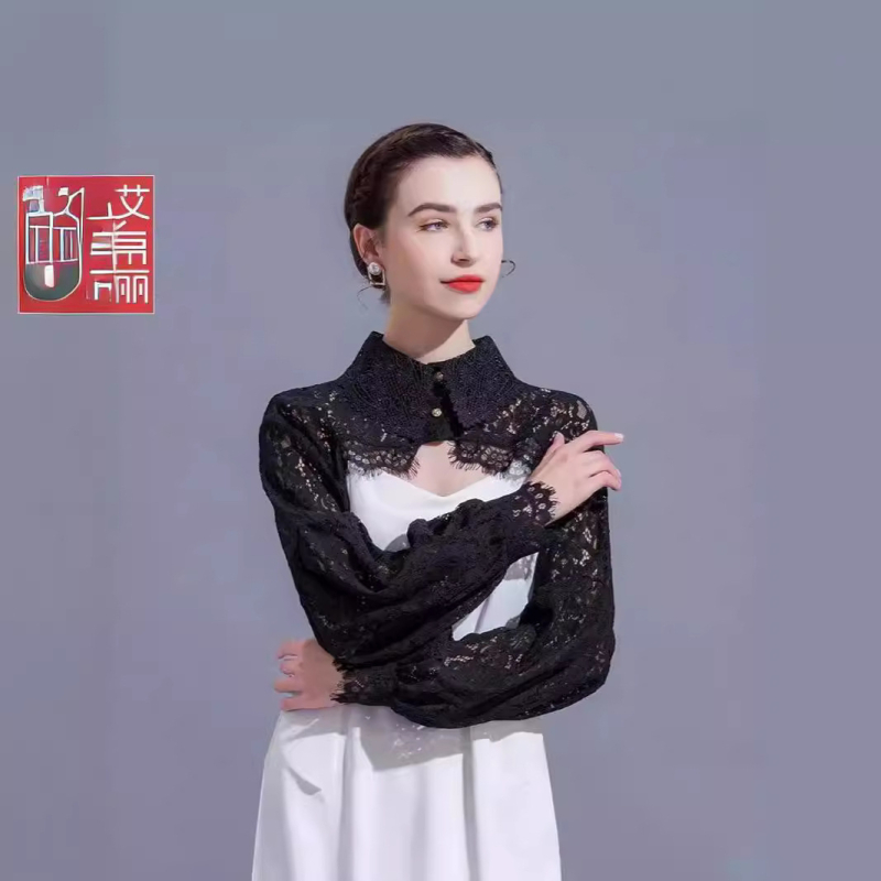 Francúzsky retro krátky top s dámskym dizajnom, zmysel pre výklenok, super rozprávkový lampáš s rukávom, odolný voči slnku, malý šál, letná čipka, tenký vonkajší