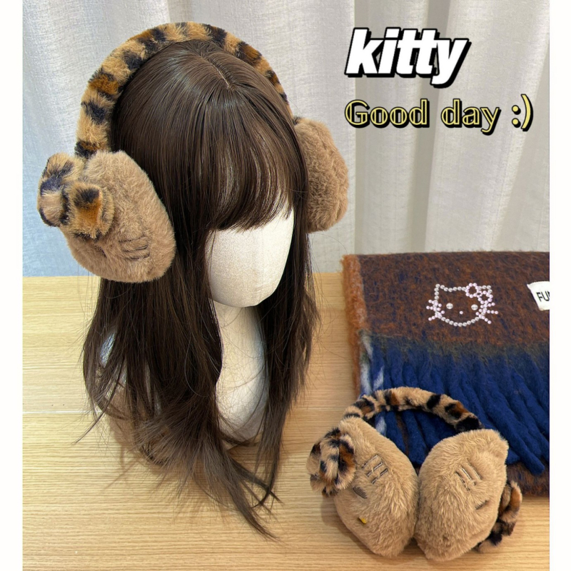 Căști de pluș HelloKitty din piele neagră Y2K, originale, călduroase, antigel pentru urechi, drăguțe pisici KT, model călare