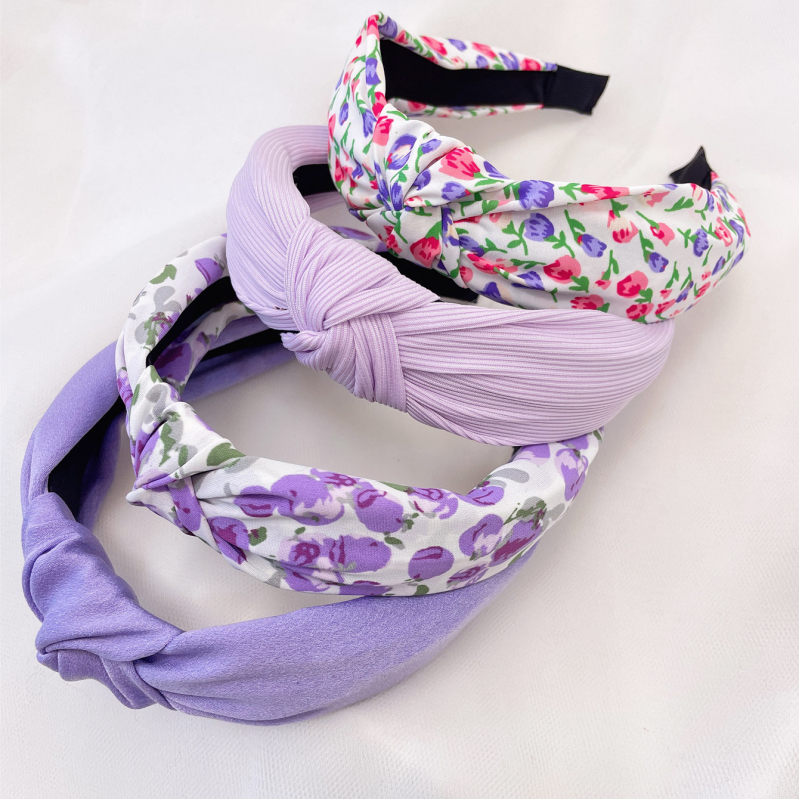 Bentiță de păr cu noduri din material violet pentru primăvară și vară, cu boruri largi, pentru femei, accesorii de păr dulci, bandă de păr pentru spălarea feței