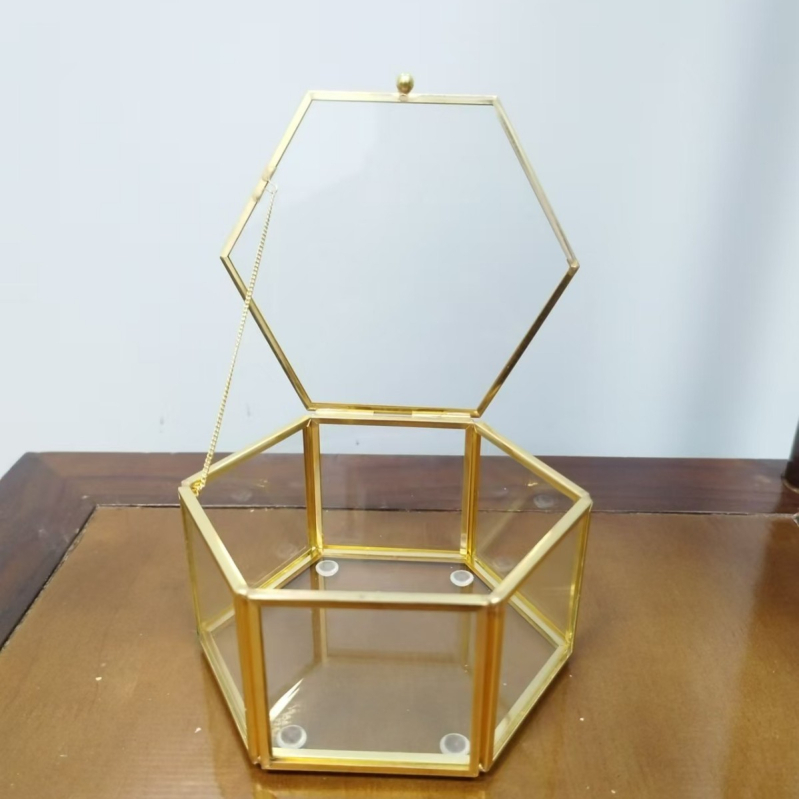 Εργοστασιακό διαφανές γυάλινο κουτί αποθήκευσης με χρυσό περίγραμμα κοσμήματος κουτί δώρου σαλόνι ομορφιάς ανθεκτικό στη σκόνη χρυσό περίγραμμα σχέδιο