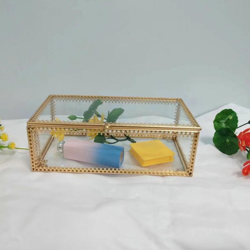 Εργοστασιακό διαφανές γυάλινο κουτί αποθήκευσης με χρυσό περίγραμμα κοσμήματος κουτί δώρου σαλόνι ομορφιάς ανθεκτικό στη σκόνη χρυσό περίγραμμα σχέδιο