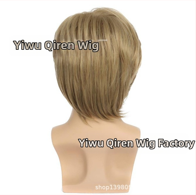 Перука Qiren, фабрично нова, мъжка коса, ленена, златна, къса мъжка коса, частично наклонен бретон, къса коса, мъжки шапки на място, на едро