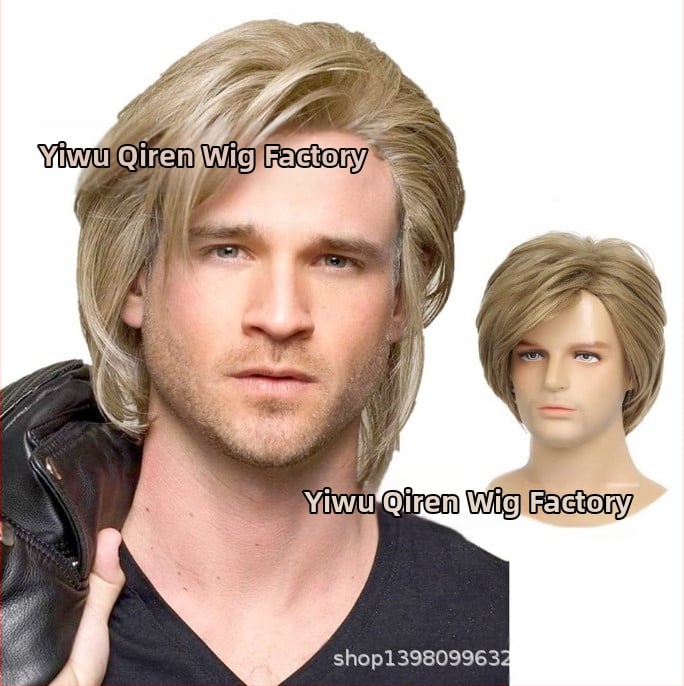 Qireni parukatehas, uued meeste juuksed, linased kuldsed, lühikesed meeste juuksed, osaliselt kaldus tukk, lühikesed juuksed, meeste peakatted kohapeal hulgimüügist