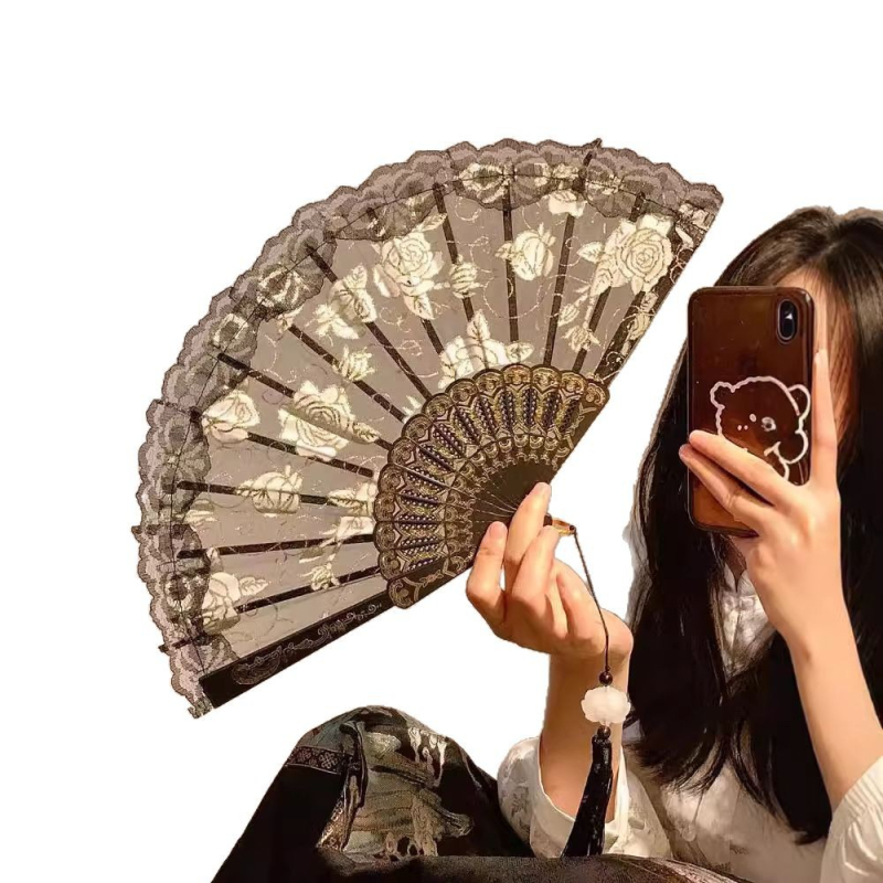 Nauja sulankstoma vėduoklė Nauja kiniško stiliaus nėriniuota rožių vėduoklė Moteriška vasarinė sulankstoma vėduoklė, šokanti antikvarinio stiliaus sulankstoma nacionalinio stiliaus arklio veido suknelė