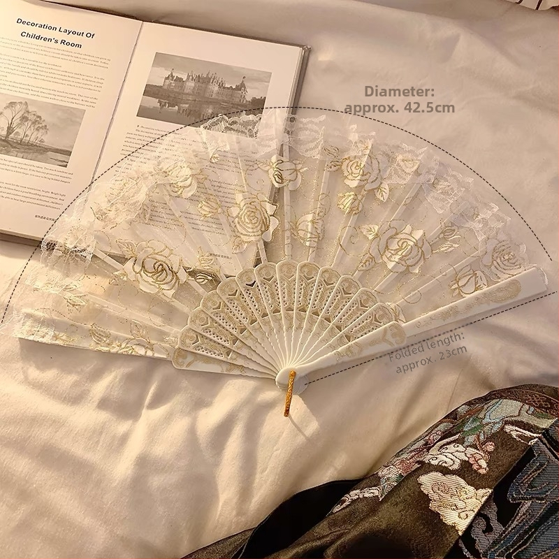 Nauja sulankstoma vėduoklė Nauja kiniško stiliaus nėriniuota rožių vėduoklė Moteriška vasarinė sulankstoma vėduoklė, šokanti antikvarinio stiliaus sulankstoma nacionalinio stiliaus arklio veido suknelė