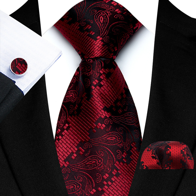 Gamyklos sandėlyje esantis tiesioginio tiekimo poliesterio 8 cm madingas Paisley vyriškas kaklaraiščio kvadratinės skaros rankogalių trijų dalių komplektas