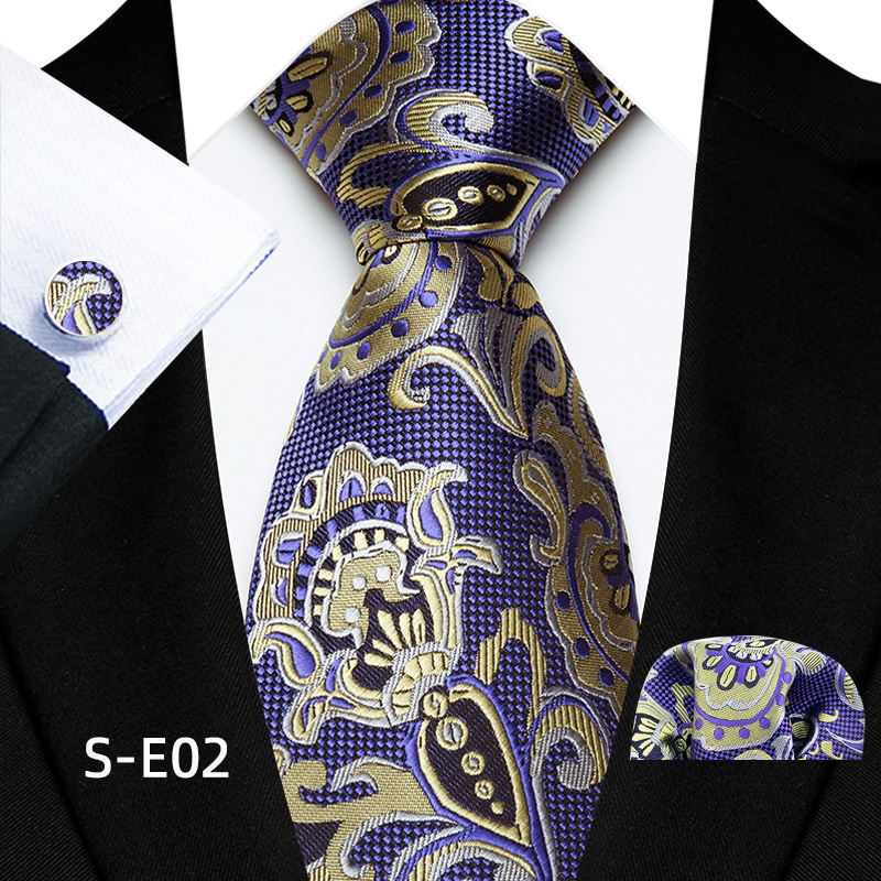 Gamyklos sandėlyje esantis tiesioginio tiekimo poliesterio 8 cm madingas Paisley vyriškas kaklaraiščio kvadratinės skaros rankogalių trijų dalių komplektas