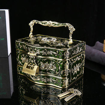 Kiniška retro stiliaus trijų sluoksnių papuošalų dėžutė su įmontuotu veidrodžiu ir užraktu, raižyta papuošalų žiedų laikymo dėžutė, vestuvių dovana
