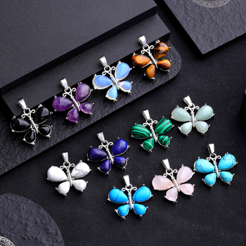 Europos ir Amerikos tarpvalstybinis karšto pardavimo natūralaus akmens krištolo drugelio pakabukas su ametistu, tigro akies akmeniu, personalizuota retro papuošalų didmeninė prekyba