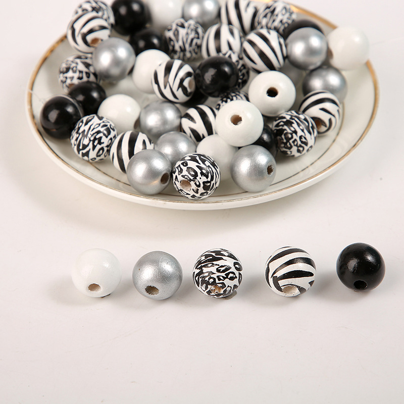 Mărgele din lemn cu imprimeu leopard, tip zebră, 16 mm, alb-negru, mărgele din lemn, DIY, lucrate manual, personalizate, rotunde imprimate