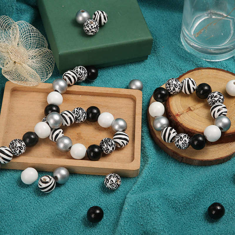 Mărgele din lemn cu imprimeu leopard, tip zebră, 16 mm, alb-negru, mărgele din lemn, DIY, lucrate manual, personalizate, rotunde imprimate