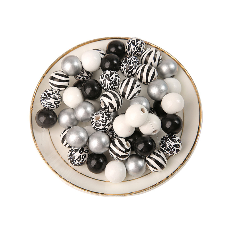 Mărgele din lemn cu imprimeu leopard, tip zebră, 16 mm, alb-negru, mărgele din lemn, DIY, lucrate manual, personalizate, rotunde imprimate