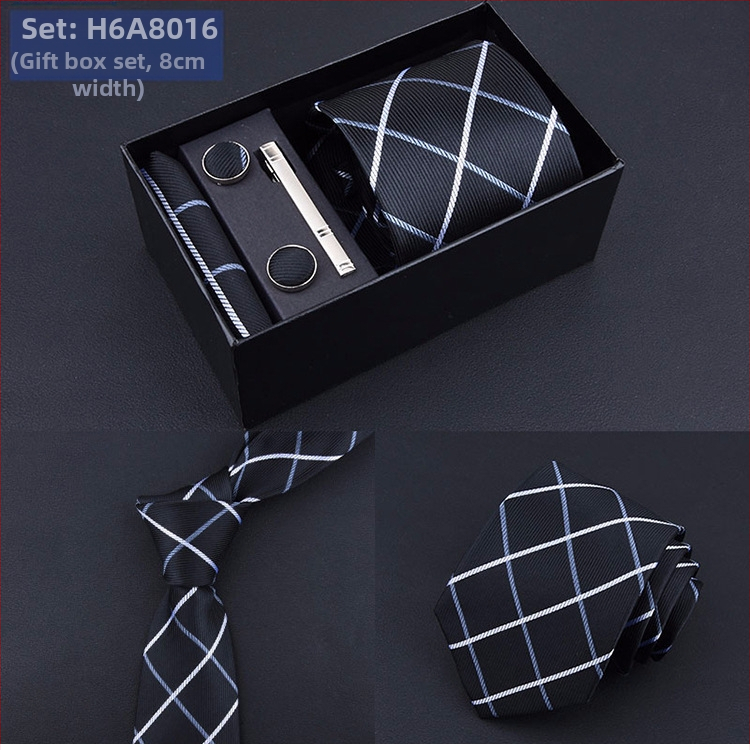 Poklon kutija] Muška kravata, kvadratni šal, manžete, kopča za kravatu, odijelo od pet dijelova, logo, formalno poslovno, plave pruge