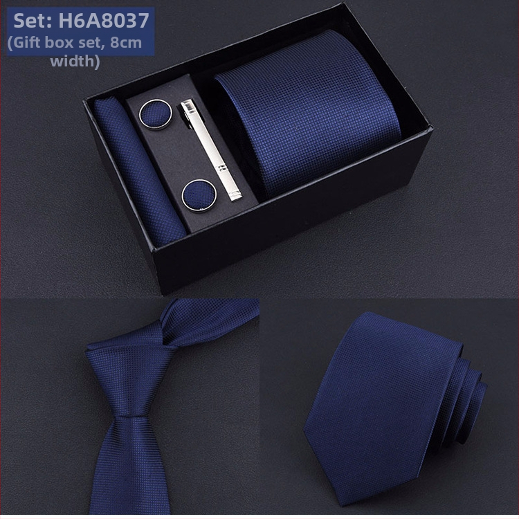 Poklon kutija] Muška kravata, kvadratni šal, manžete, kopča za kravatu, odijelo od pet dijelova, logo, formalno poslovno, plave pruge