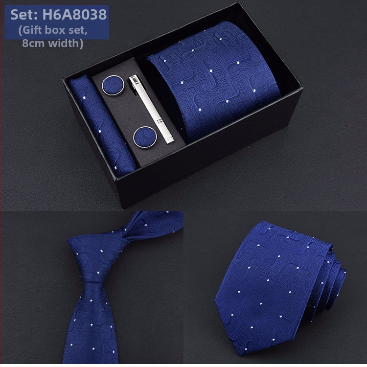 Poklon kutija] Muška kravata, kvadratni šal, manžete, kopča za kravatu, odijelo od pet dijelova, logo, formalno poslovno, plave pruge