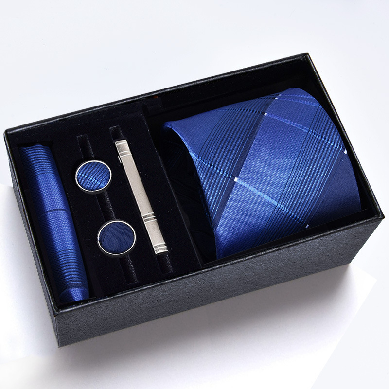 Poklon kutija] Muška kravata, kvadratni šal, manžete, kopča za kravatu, odijelo od pet dijelova, logo, formalno poslovno, plave pruge