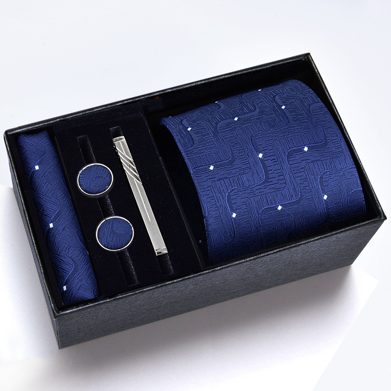 Poklon kutija] Muška kravata, kvadratni šal, manžete, kopča za kravatu, odijelo od pet dijelova, logo, formalno poslovno, plave pruge