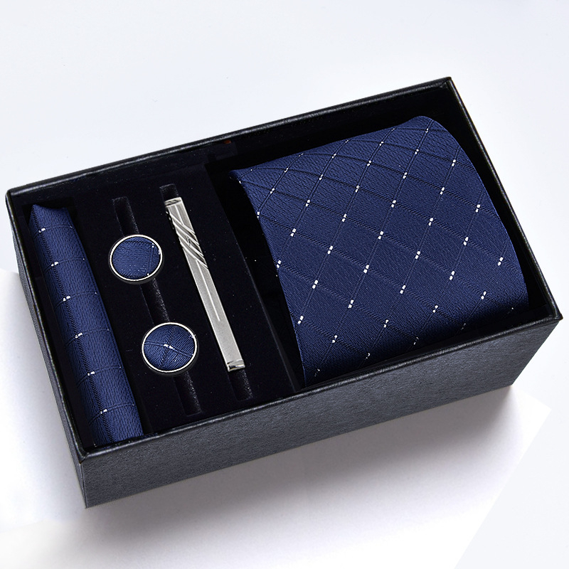 Poklon kutija] Muška kravata, kvadratni šal, manžete, kopča za kravatu, odijelo od pet dijelova, logo, formalno poslovno, plave pruge