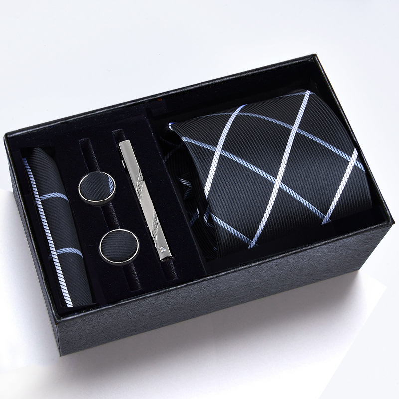 Poklon kutija] Muška kravata, kvadratni šal, manžete, kopča za kravatu, odijelo od pet dijelova, logo, formalno poslovno, plave pruge