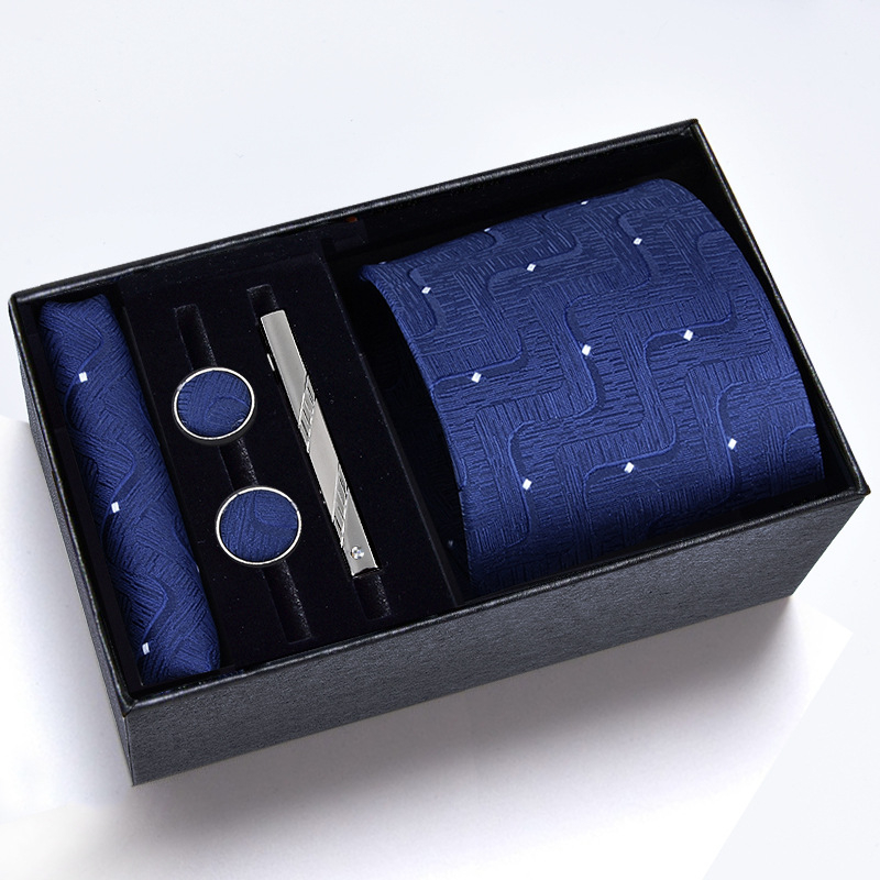 Poklon kutija] Muška kravata, kvadratni šal, manžete, kopča za kravatu, odijelo od pet dijelova, logo, formalno poslovno, plave pruge