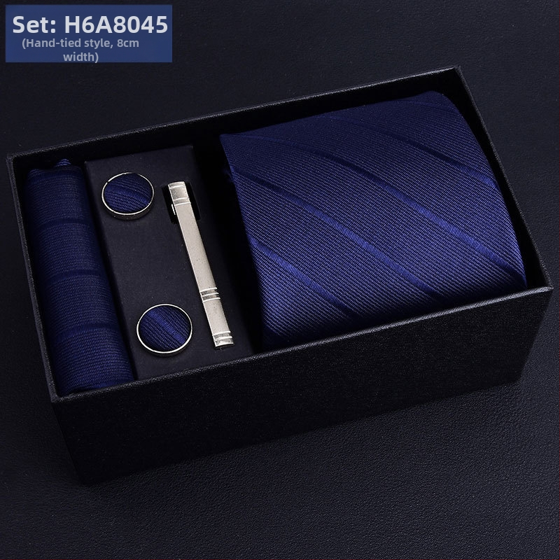 Poklon kutija] Muška kravata, kvadratni šal, manžete, kopča za kravatu, odijelo od pet dijelova, logo, formalno poslovno, plave pruge