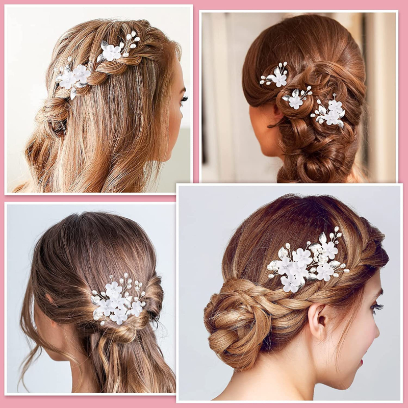 Europa ir Jungtinės Valstijos peržengia sieną 5 baltų akrilinių gėlių, sidabrinių lapų, U formos plaukų segtukų grupei