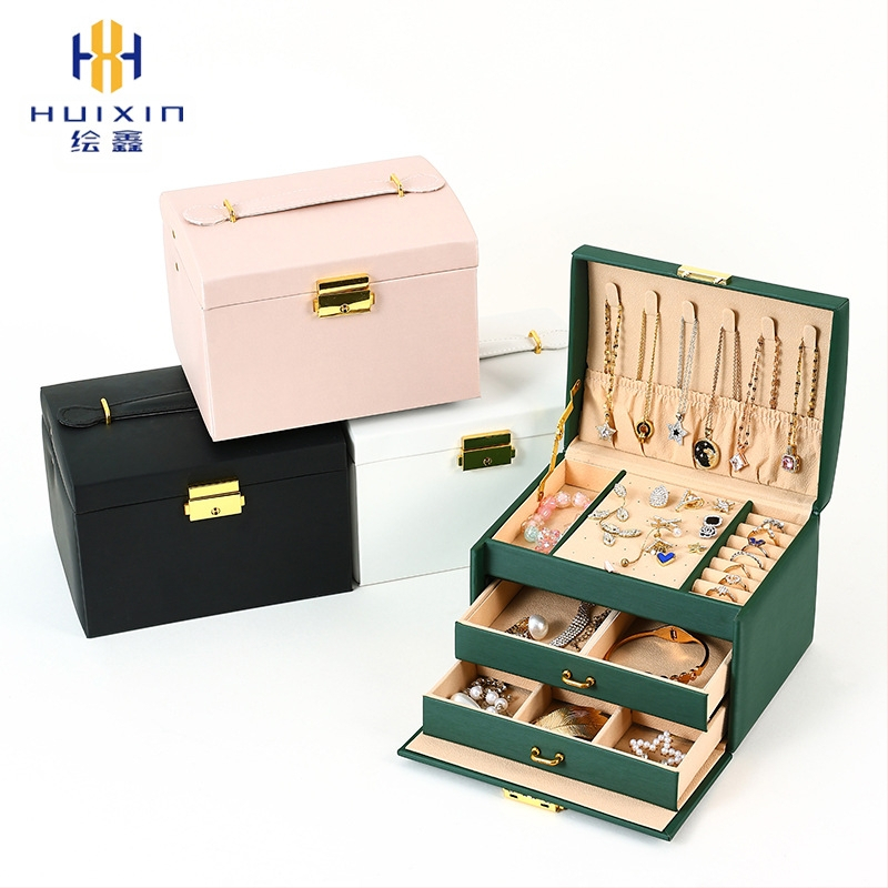 Nešiojama nešiojama trijų sluoksnių papuošalų dėžutė, europietiško ir amerikietiško stiliaus daugiasluoksnė papuošalų dėžutė, didmeninė papuošalų laikymo dėžutė namams.