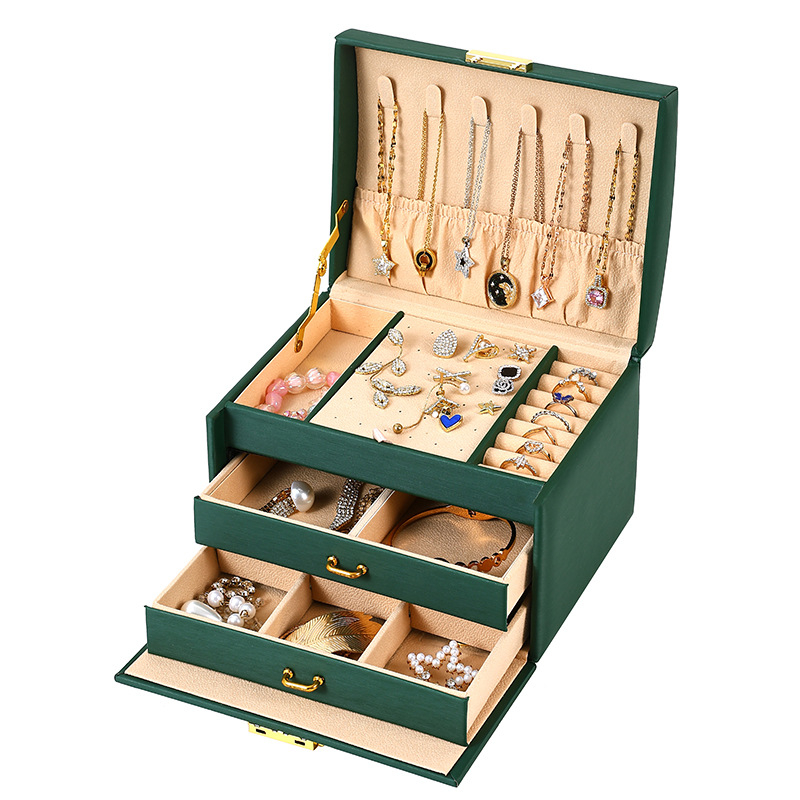 Nešiojama nešiojama trijų sluoksnių papuošalų dėžutė, europietiško ir amerikietiško stiliaus daugiasluoksnė papuošalų dėžutė, didmeninė papuošalų laikymo dėžutė namams.