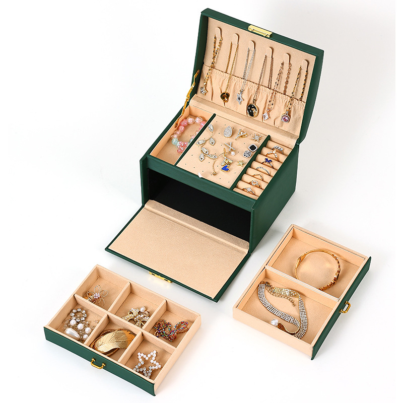 Nešiojama nešiojama trijų sluoksnių papuošalų dėžutė, europietiško ir amerikietiško stiliaus daugiasluoksnė papuošalų dėžutė, didmeninė papuošalų laikymo dėžutė namams.