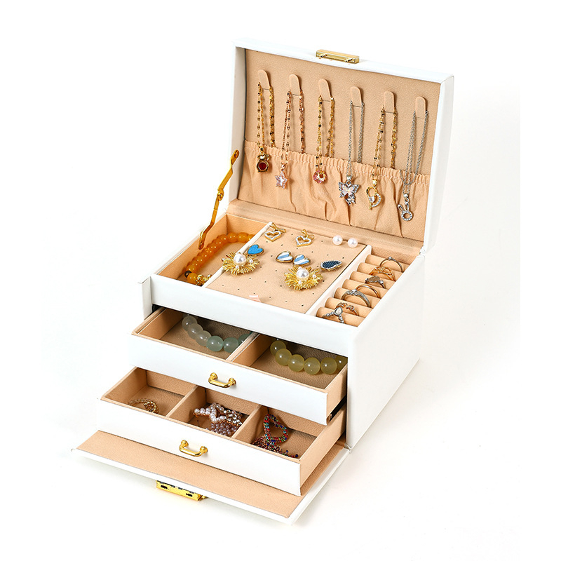 Nešiojama nešiojama trijų sluoksnių papuošalų dėžutė, europietiško ir amerikietiško stiliaus daugiasluoksnė papuošalų dėžutė, didmeninė papuošalų laikymo dėžutė namams.