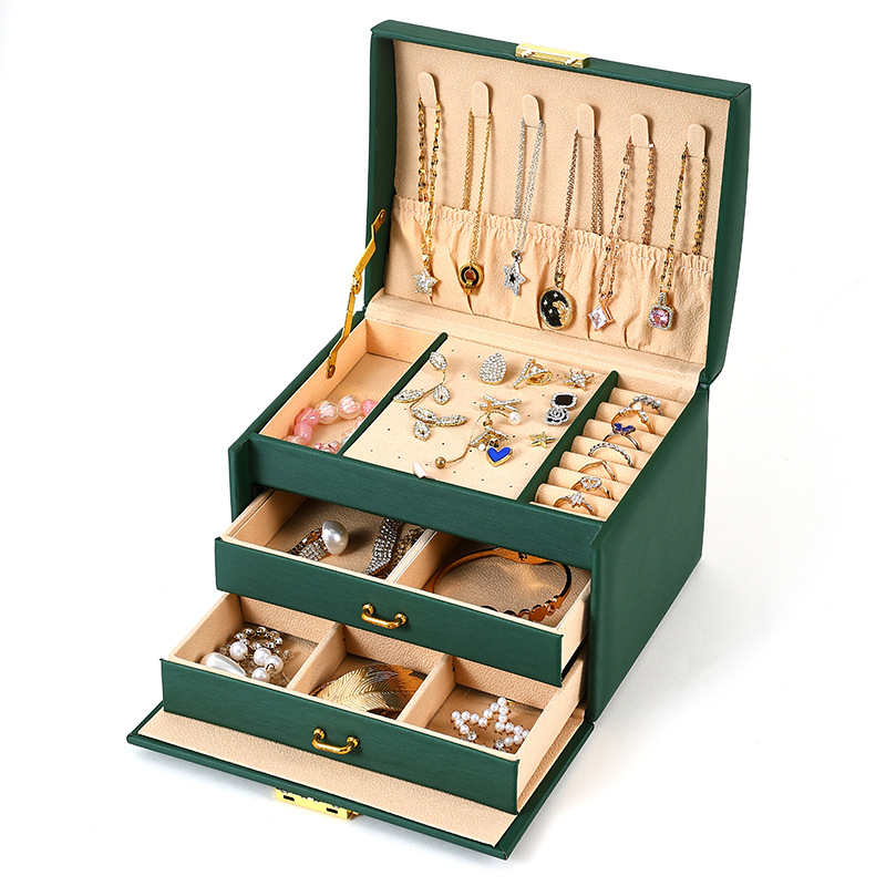 Nešiojama nešiojama trijų sluoksnių papuošalų dėžutė, europietiško ir amerikietiško stiliaus daugiasluoksnė papuošalų dėžutė, didmeninė papuošalų laikymo dėžutė namams.