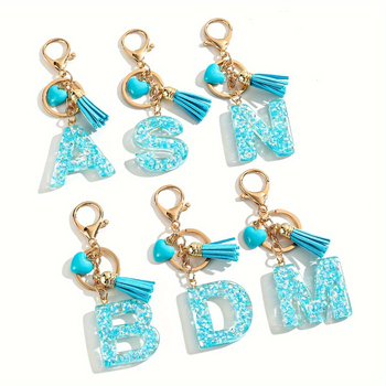 Breloc cu litere din rășină, cu ciucure și clopoței cu inimă, litere din rășină cu sclipici albastru, casual pentru femei